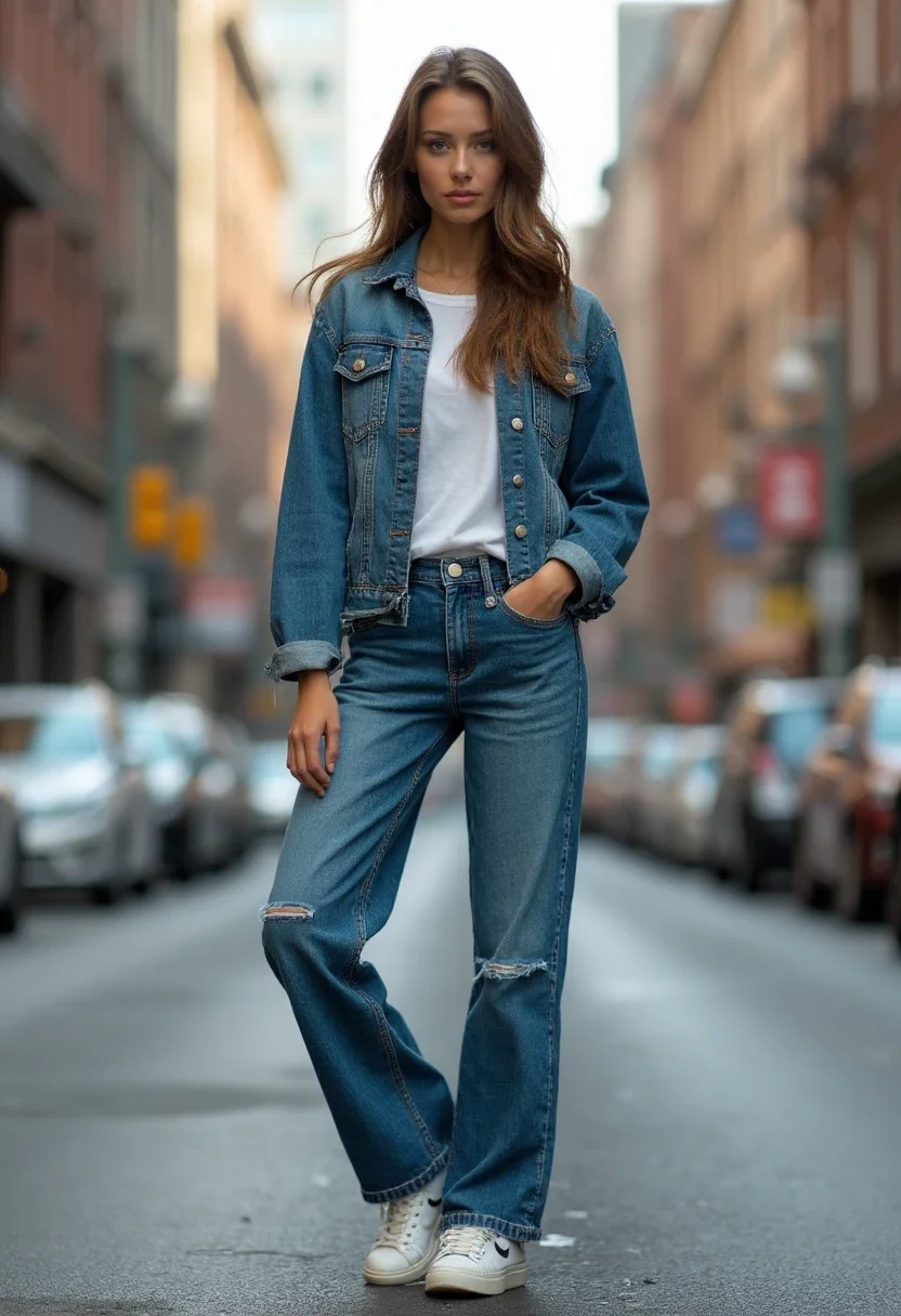 Layered outfit with wide leg jeans and denim jacket.