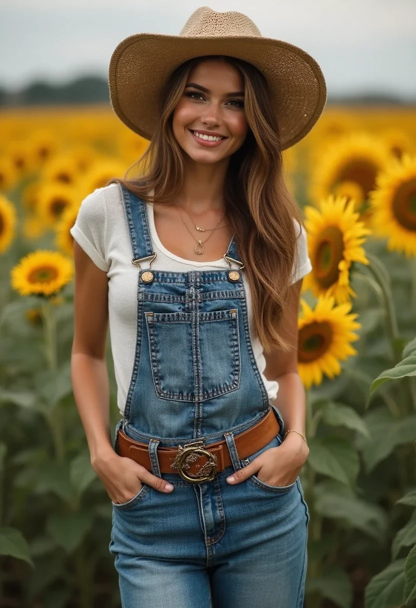 Woman in jorts with belt and hat, accessorized style.