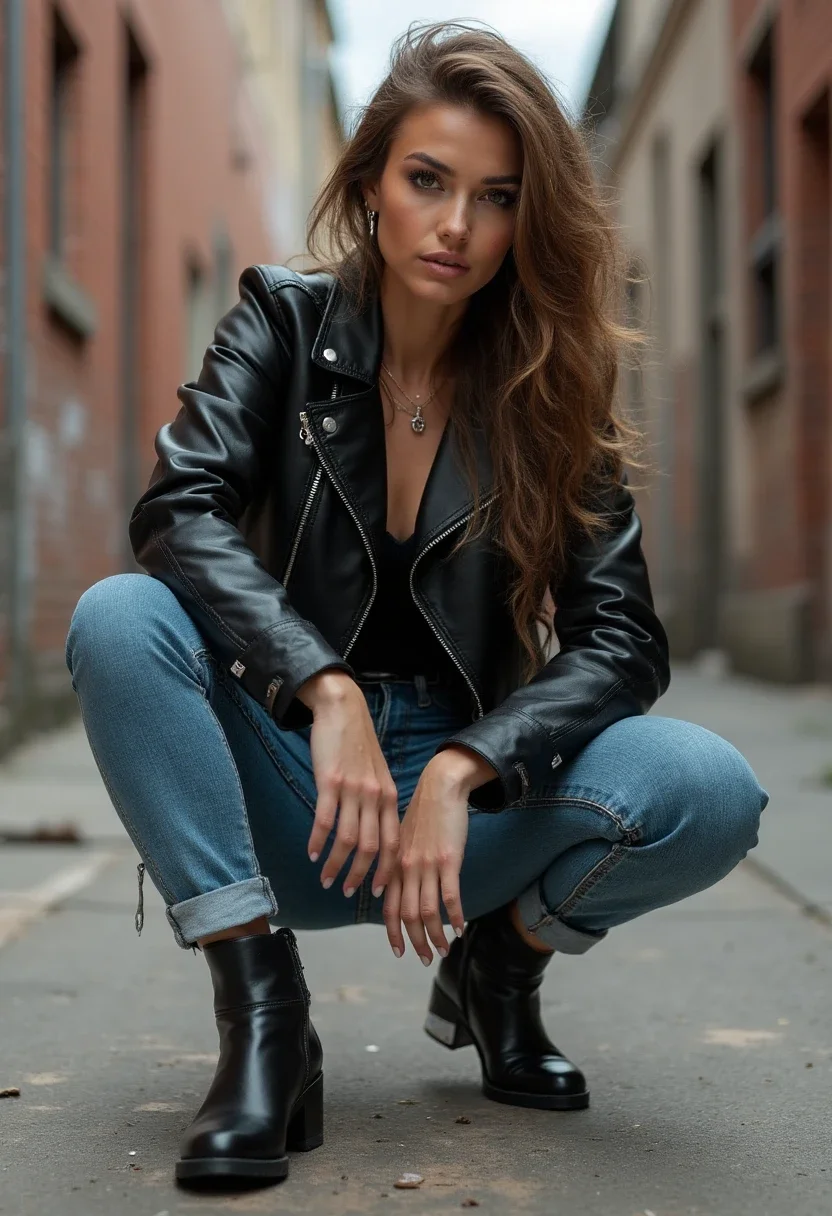 Woman in jorts and leather jacket, edgy style.