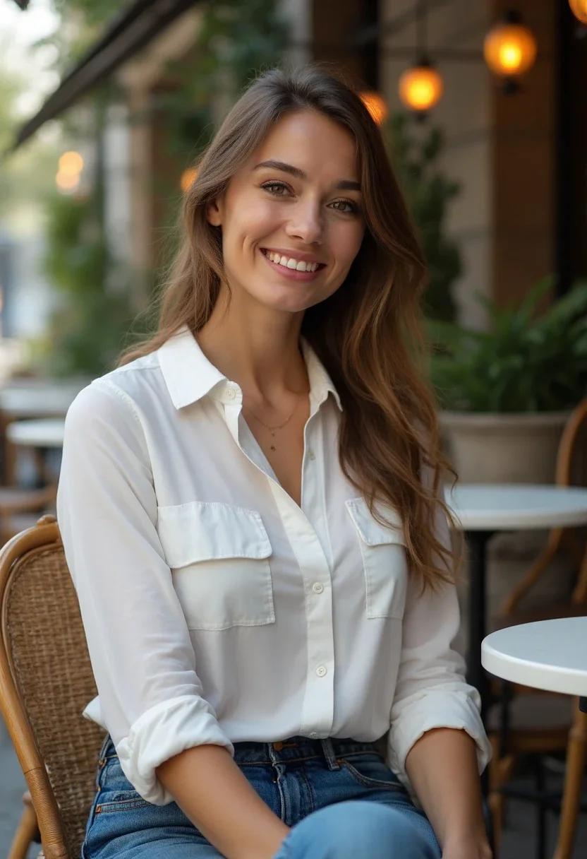 Woman in jorts and button-down shirt, sophisticated style.