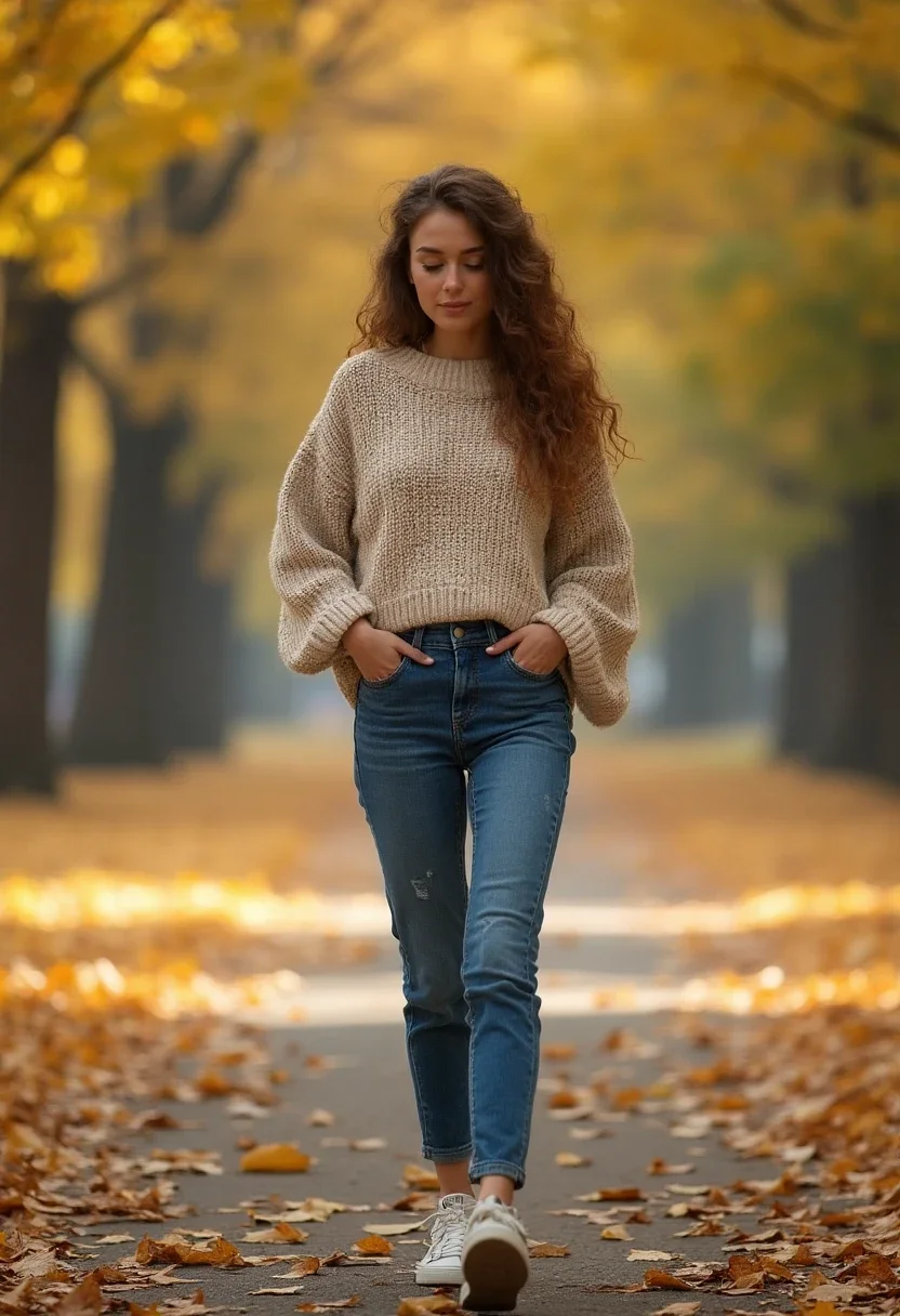 Woman in jorts and sweater, layered look.