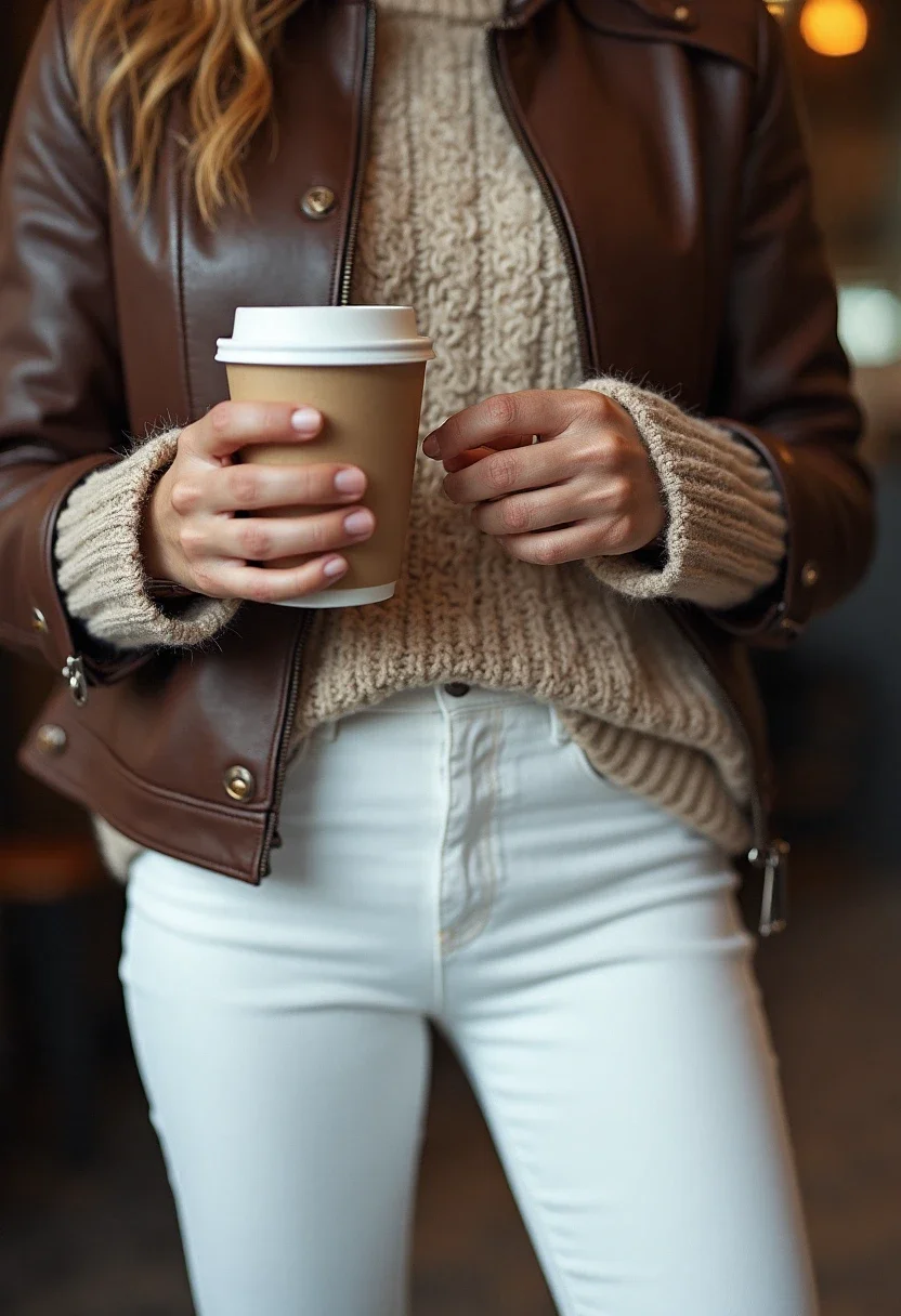 Layered textures with white jeans, knit sweater, and leather jacket.