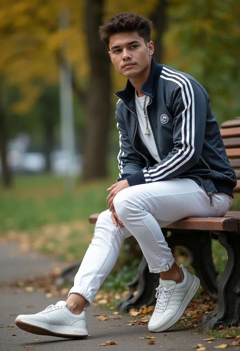 Sporty chic outfit with white jeans and sporty jacket.