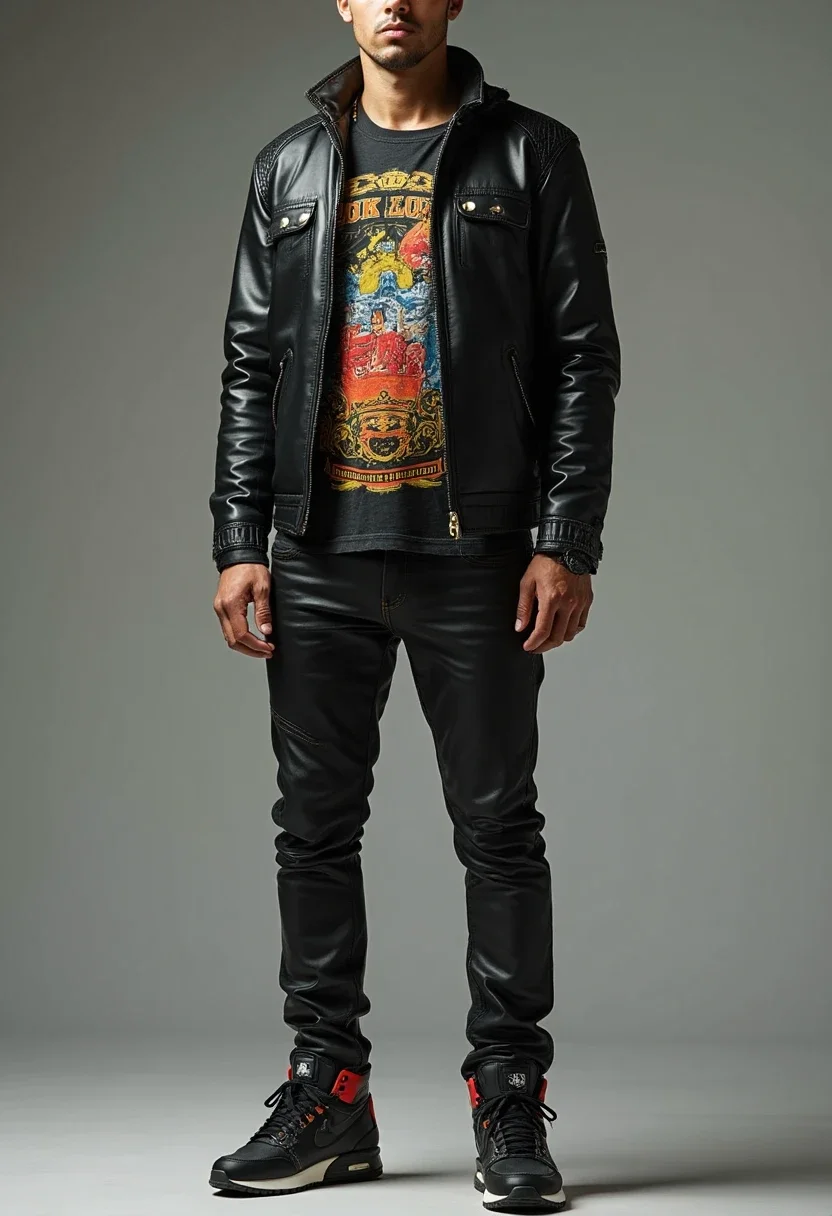Person wearing leather pants and graphic tee with sneakers and leather jacket.