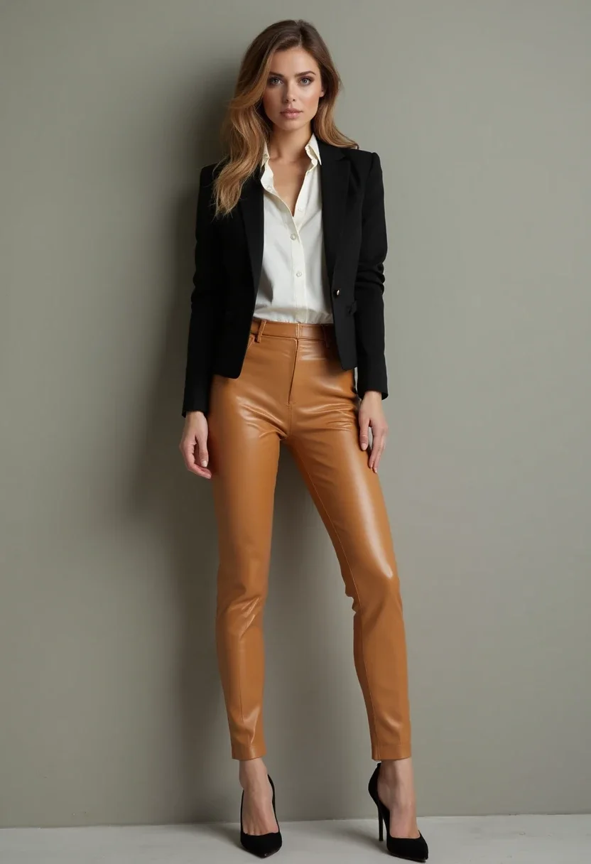 Woman in leather pants with blazer and heels, exuding sophistication.