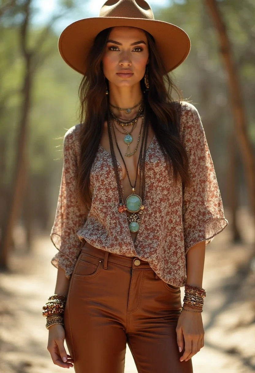 Bohemian style with flowy top and leather pants, accessorized with hat and jewelry.
