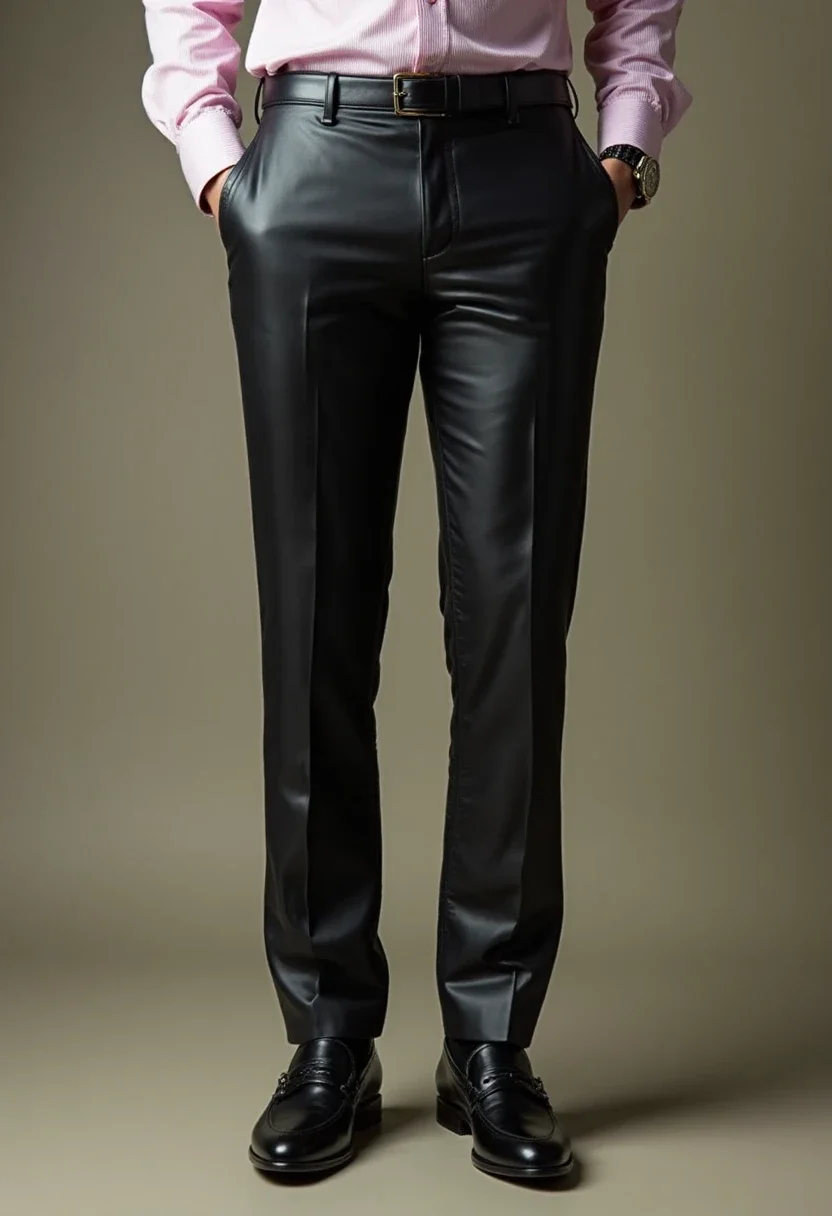 Office-ready outfit with leather pants and button-down shirt.