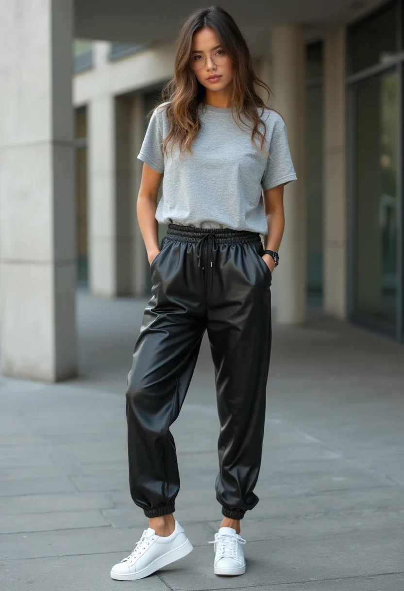 Sporty chic outfit with leather pants and sneakers in a city setting.