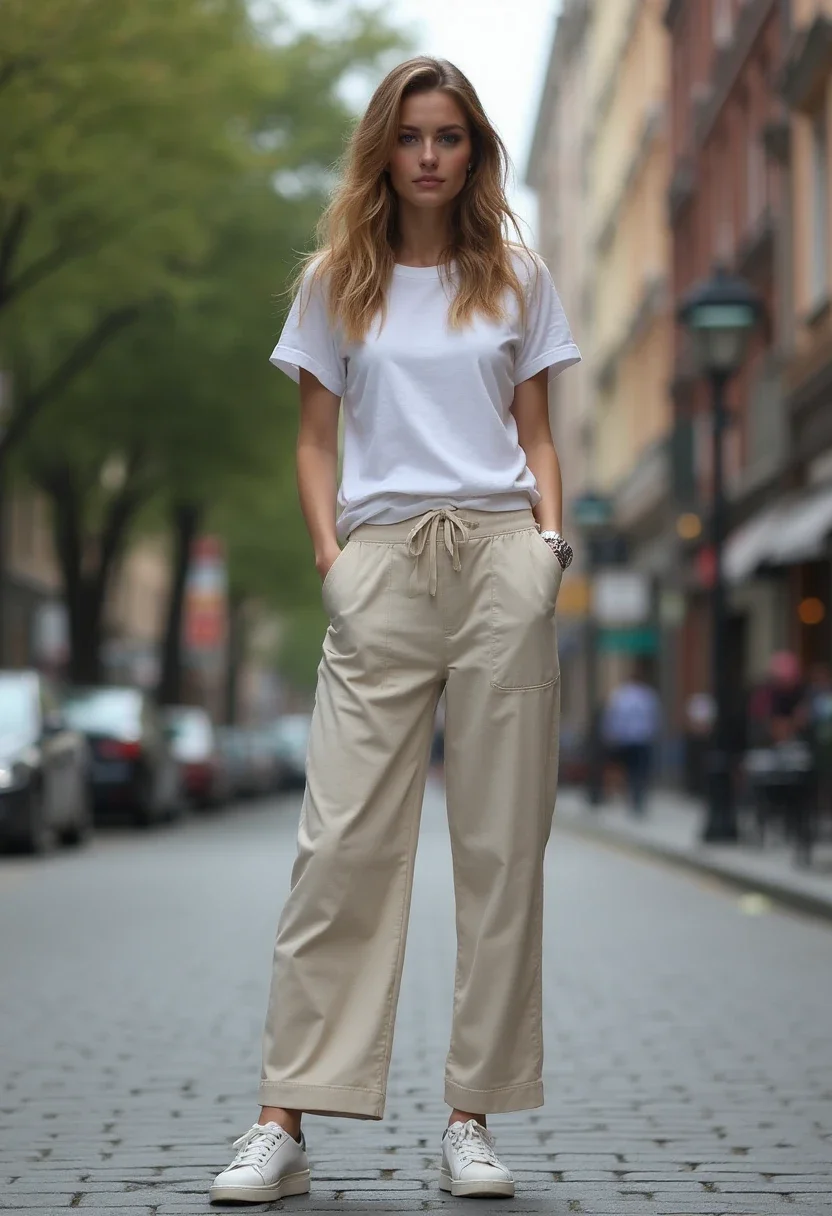 Casual chic outfit with wide leg pants and a t-shirt.