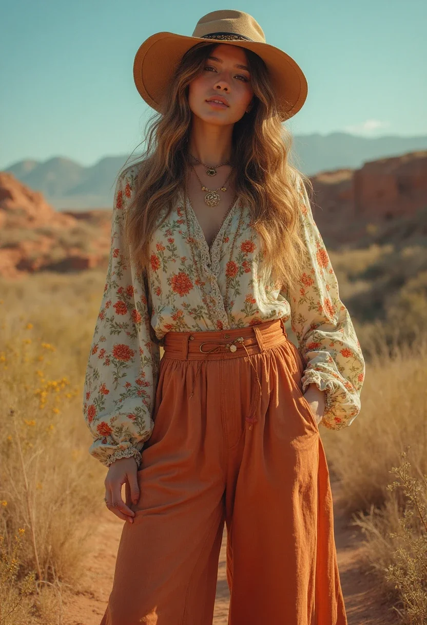 Bohemian outfit with wide leg pants and a flowy top.