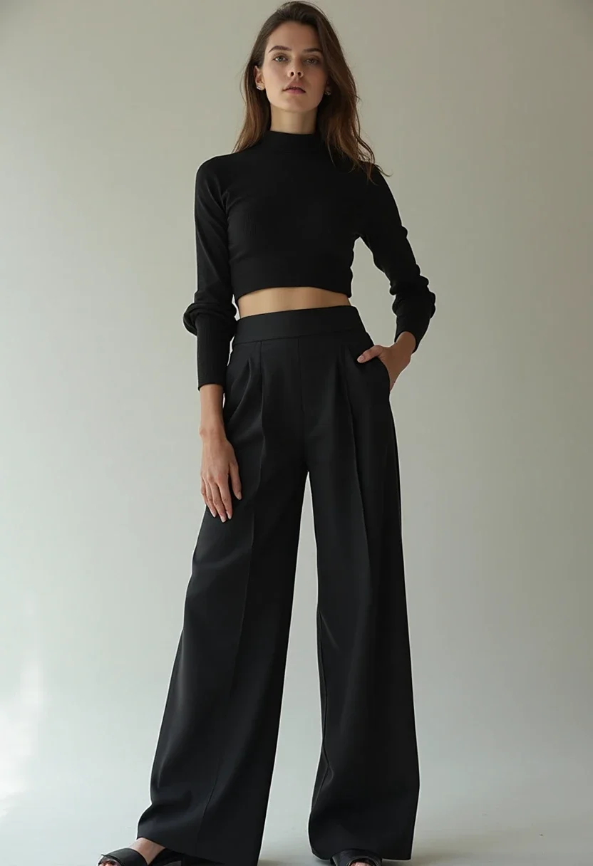 Monochrome outfit with wide leg pants and matching top.