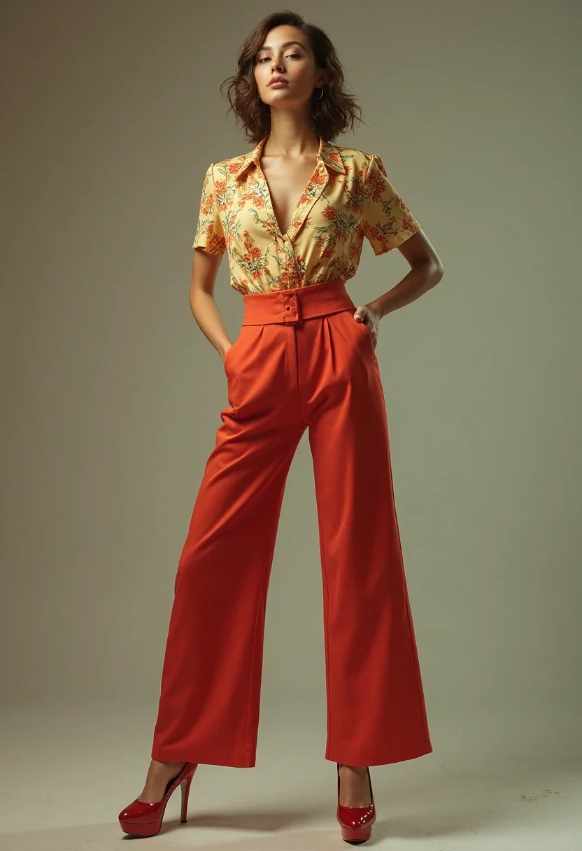 Retro outfit with wide leg pants and a vintage blouse.