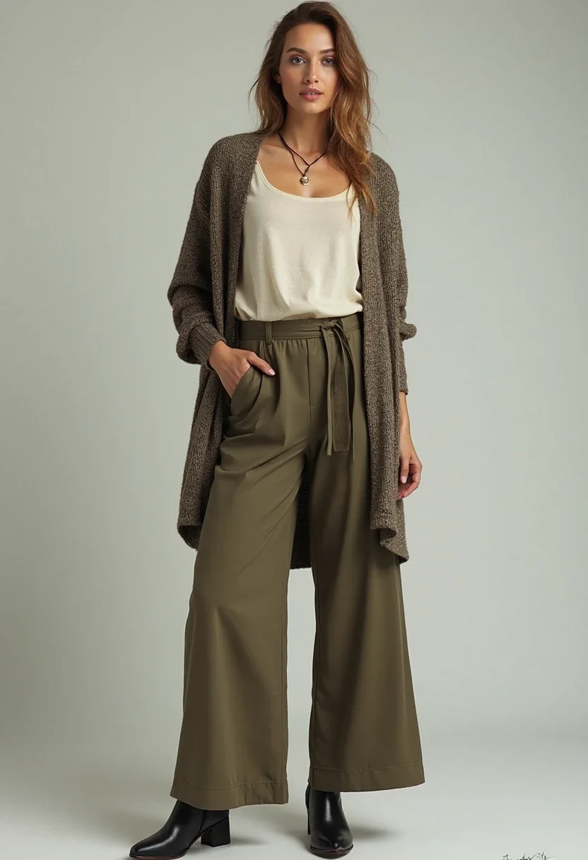 Layered outfit with wide leg pants and a long cardigan.