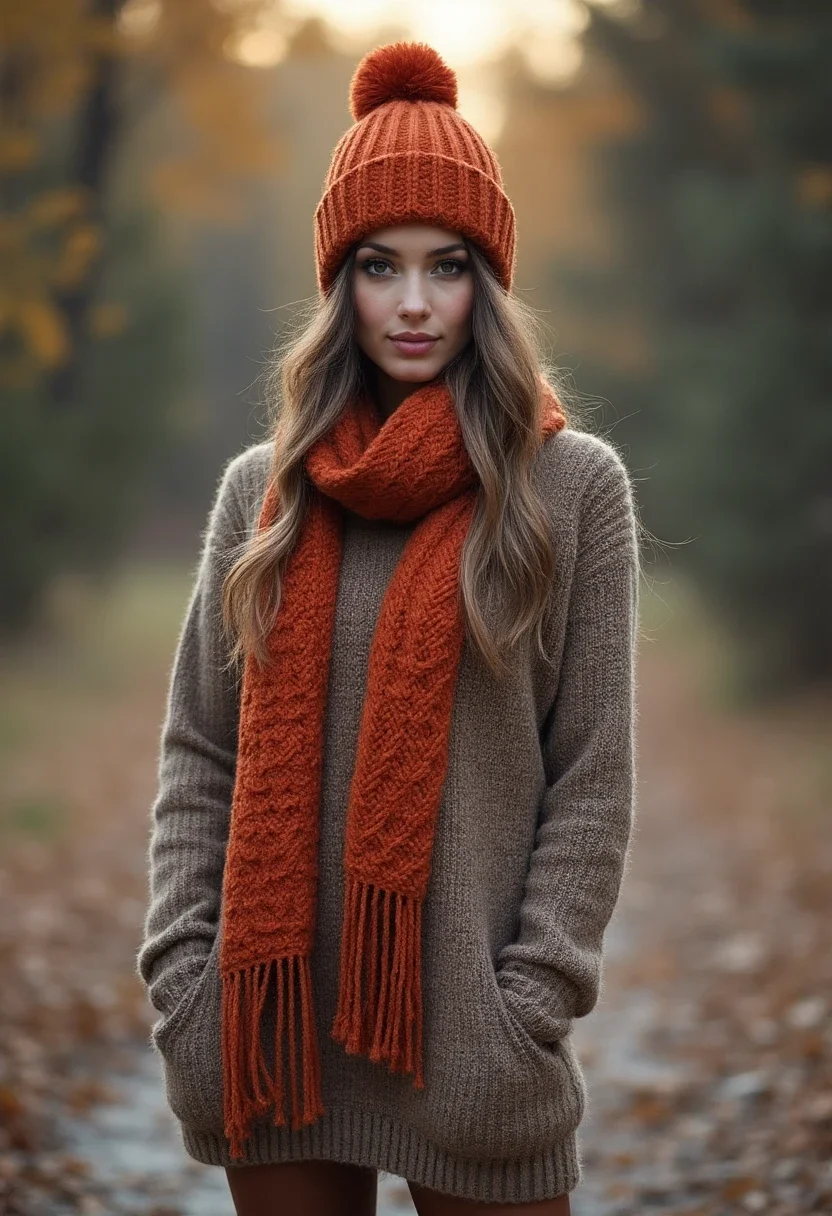 Woman in a cozy knit dress with warm accessories.