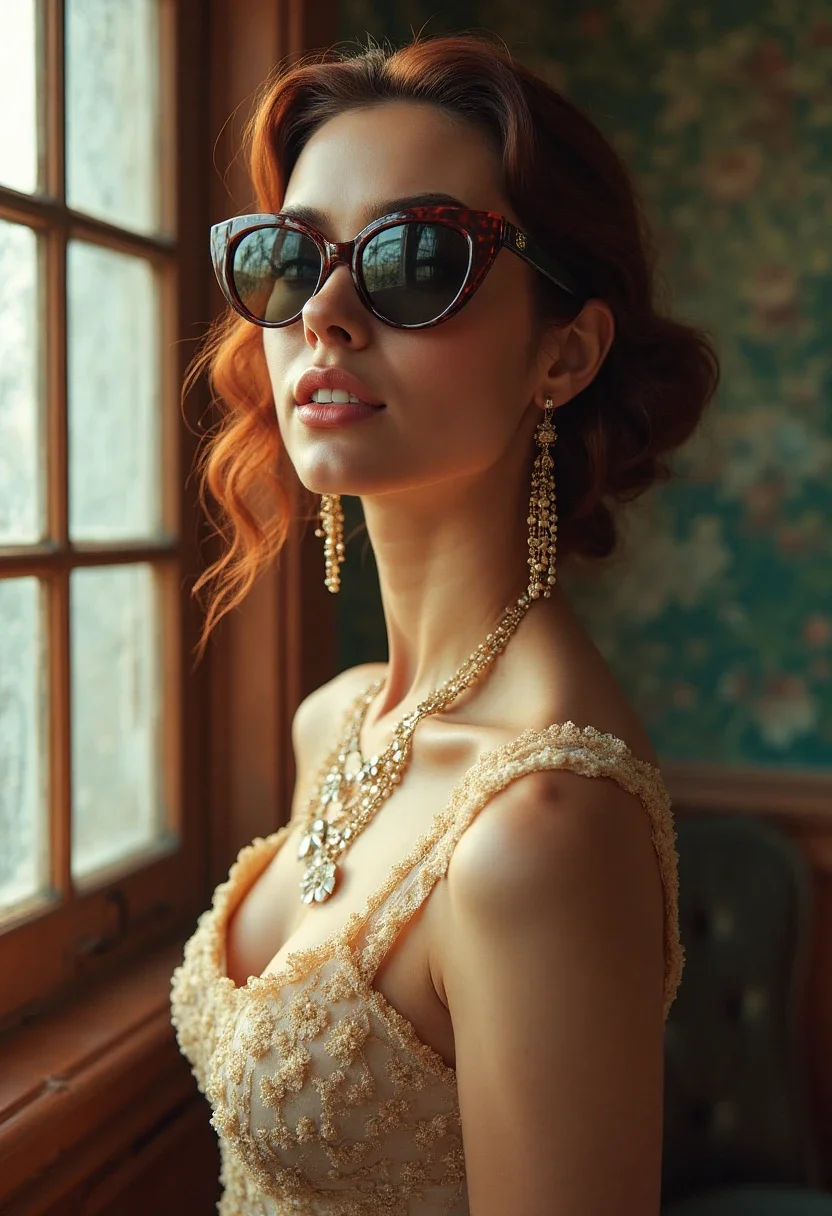 Woman in a timeless vintage look with elegant retro accessories.