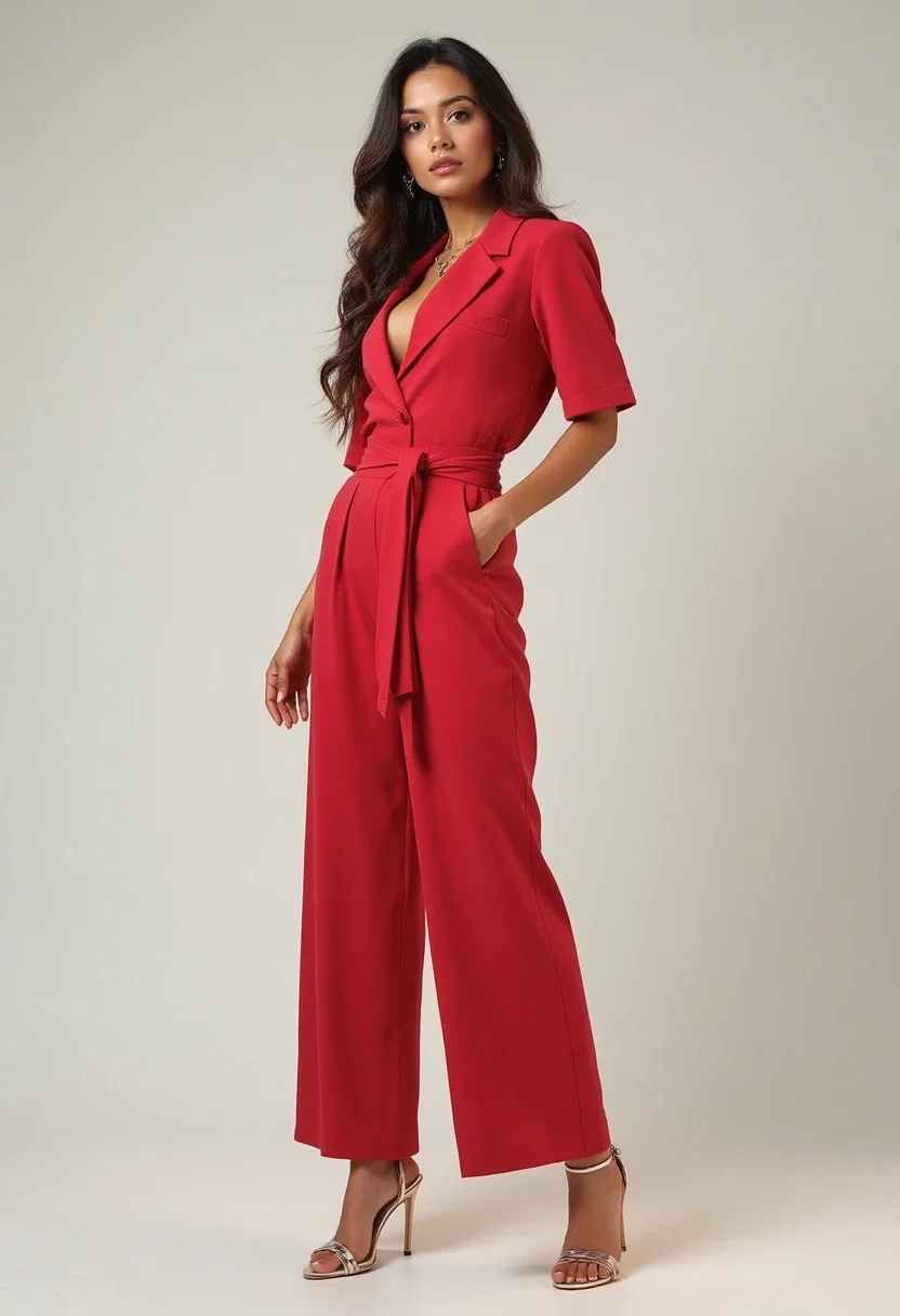 Woman in a stylish jumpsuit with understated accessories.