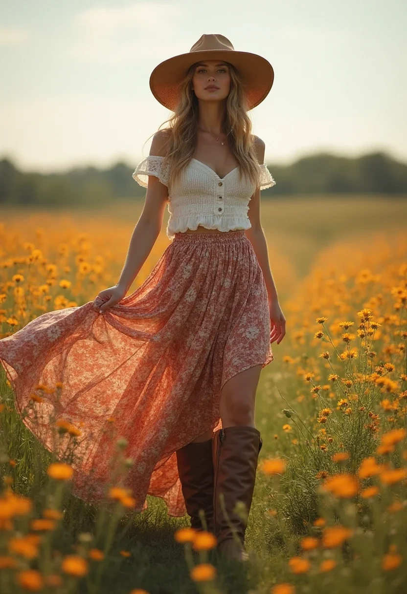 Woman in knee high boots and maxi skirt in a field.