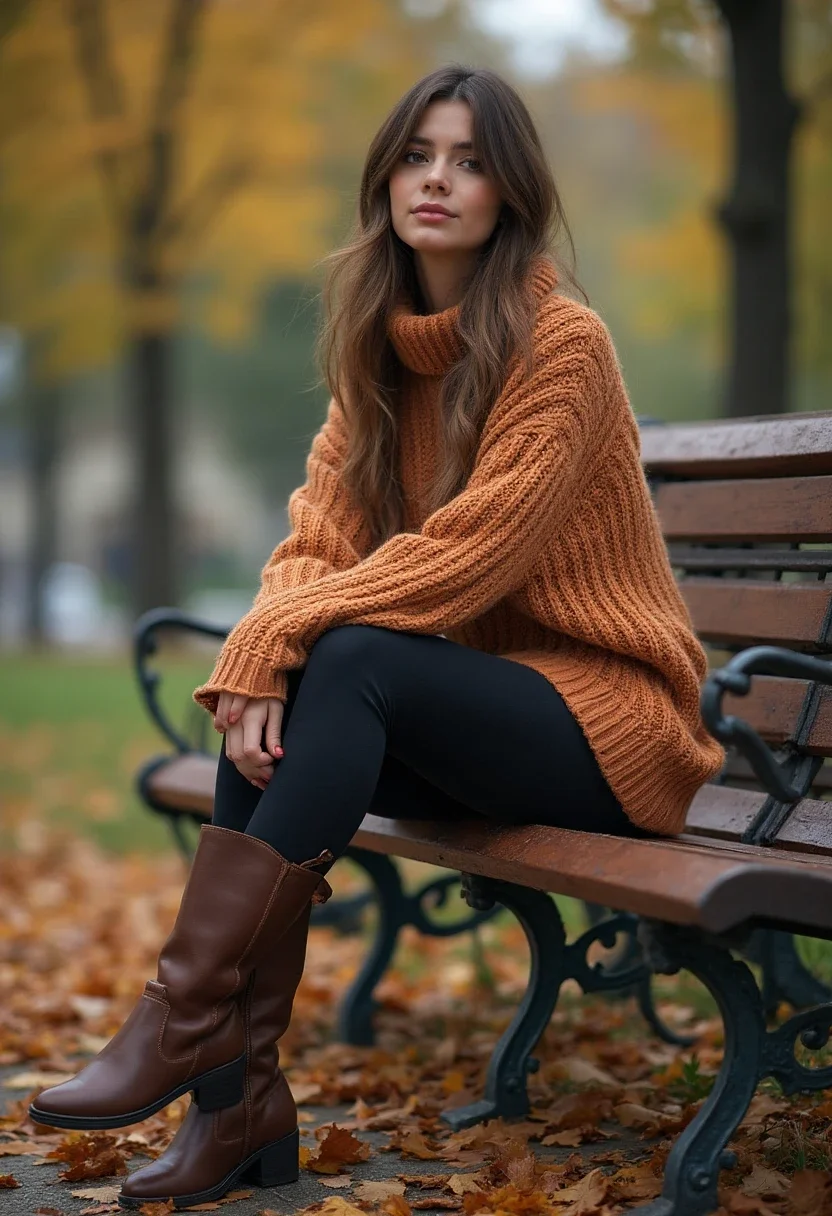 Woman in knee high boots and leggings on a park bench.