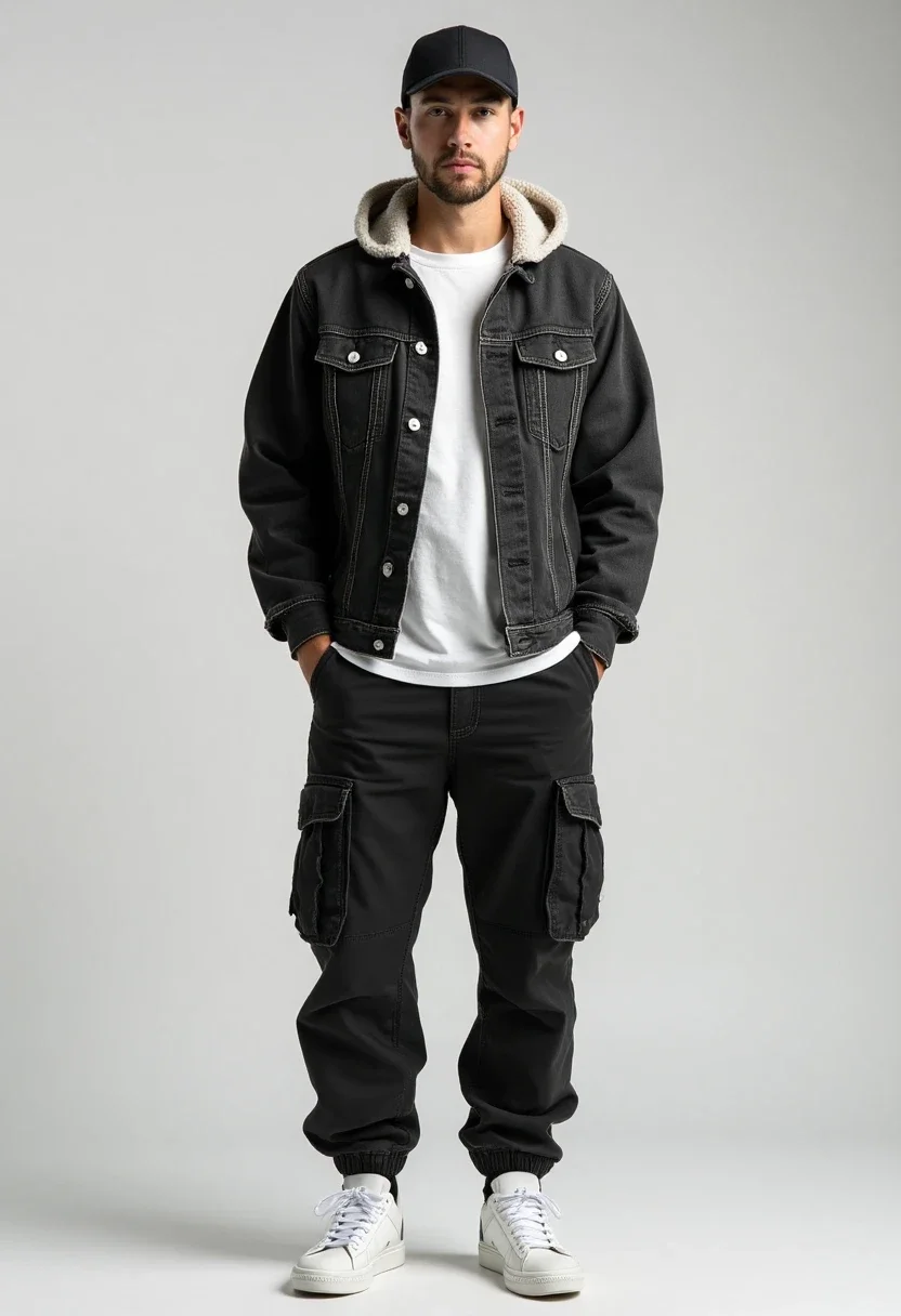 Casual outfit with black cargo pants, white t-shirt, and denim jacket.