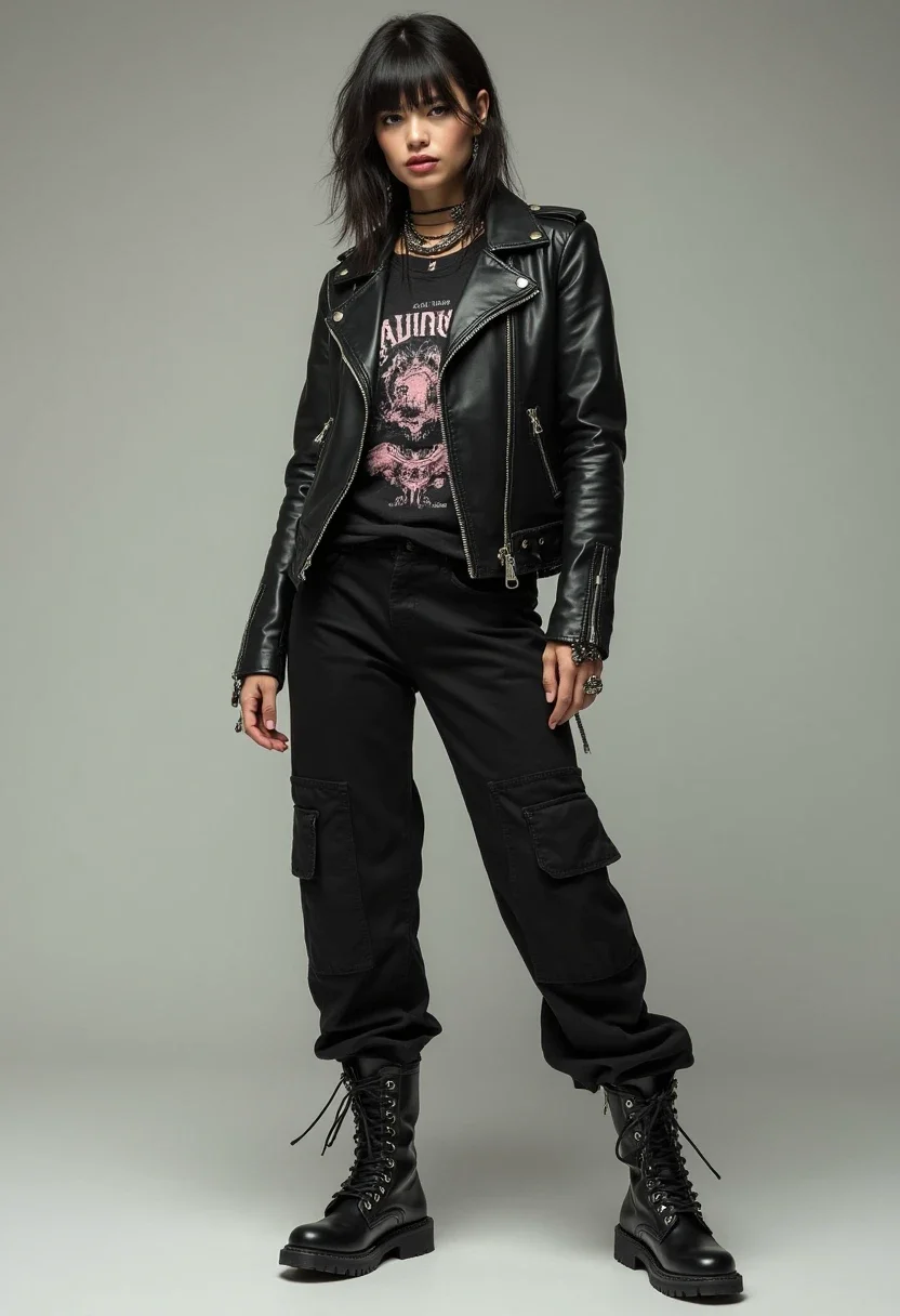 Edgy street style with black cargo pants and leather jacket.