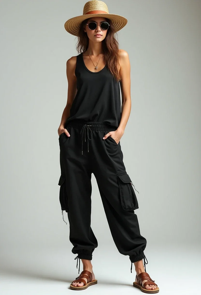 Summer ready ensemble with black cargo pants and sleeveless top.