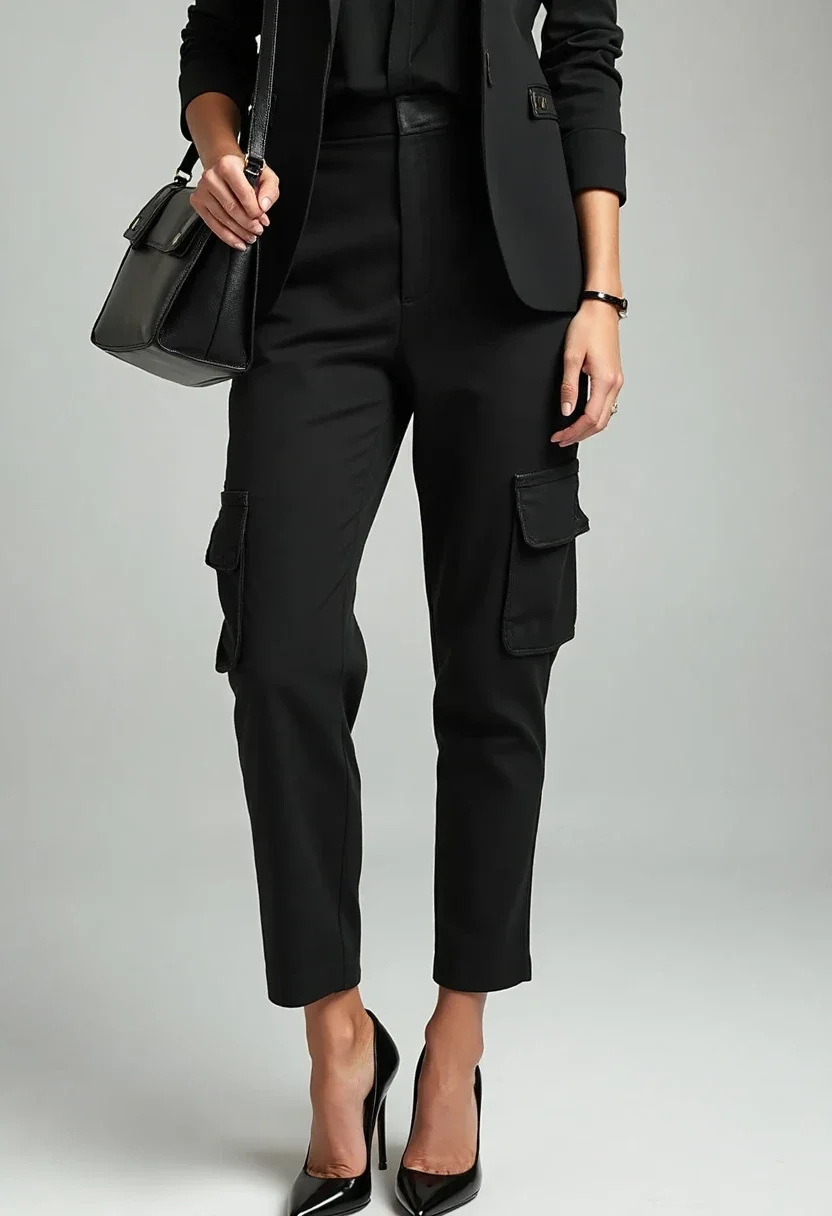 Chic office outfit with black cargo pants and blazer.