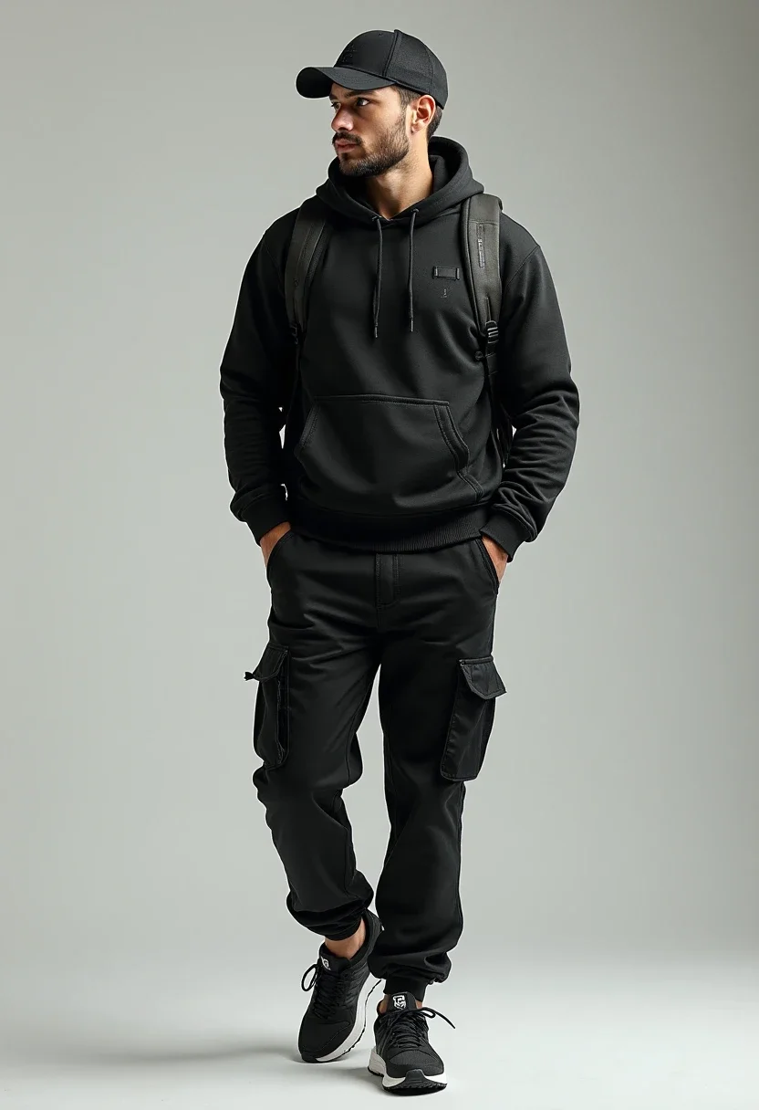 Sporty athleisure look with black cargo pants and cropped hoodie.