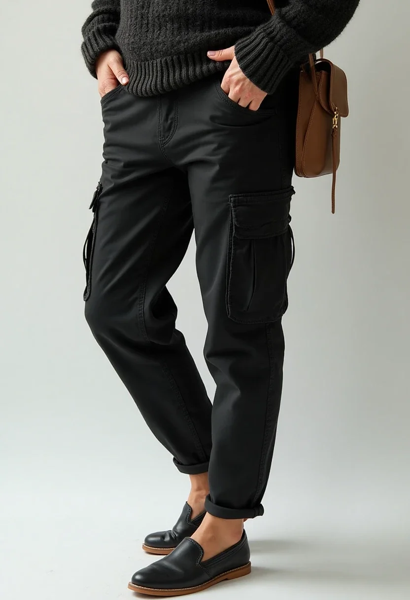 Effortless travel outfit with black cargo pants and knit sweater.