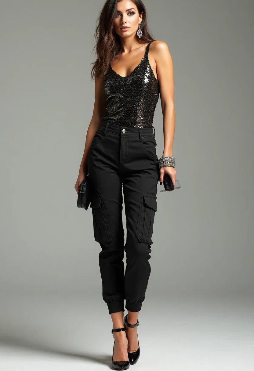 Night out glam with black cargo pants and sequined top.