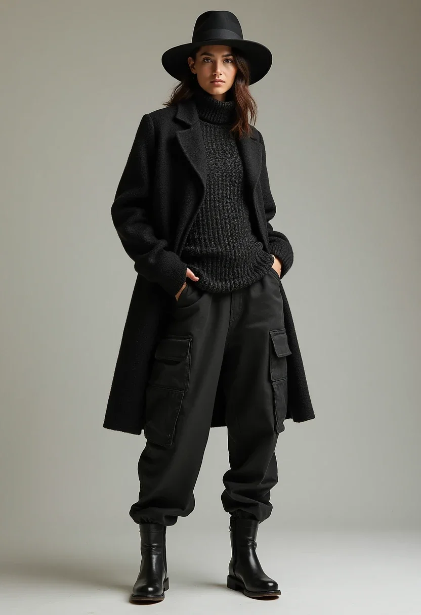 Layered fall fashion with black cargo pants and oversized cardigan.