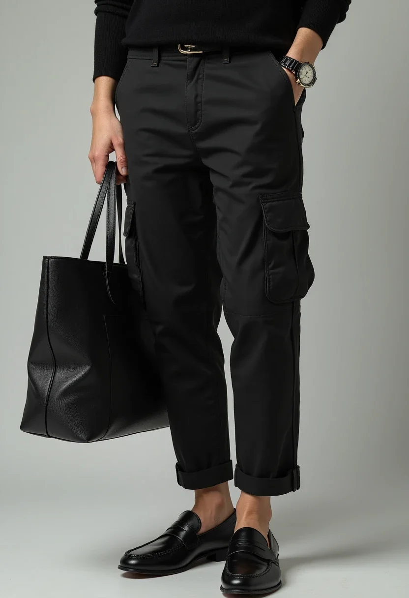 Minimalist aesthetic with black cargo pants and turtleneck.