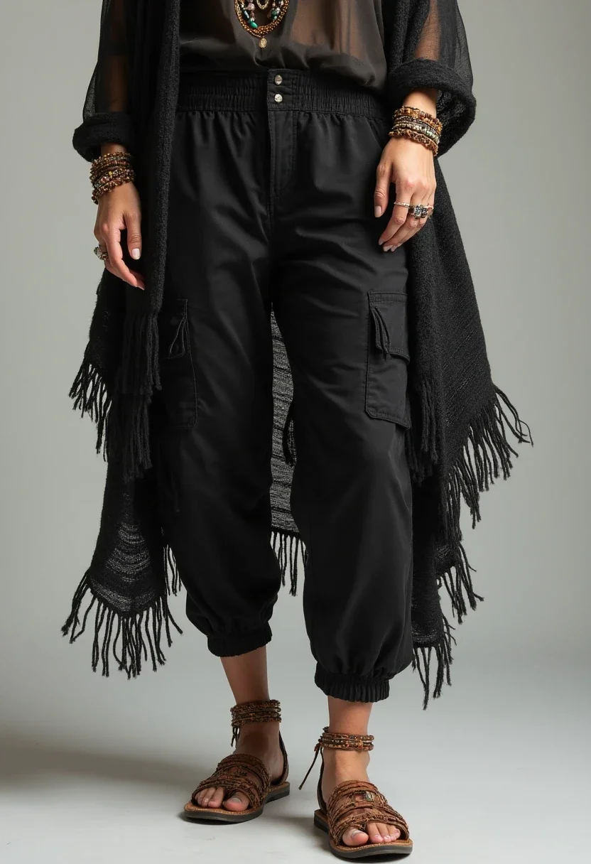 Boho chic fusion with black cargo pants and flowy blouse.