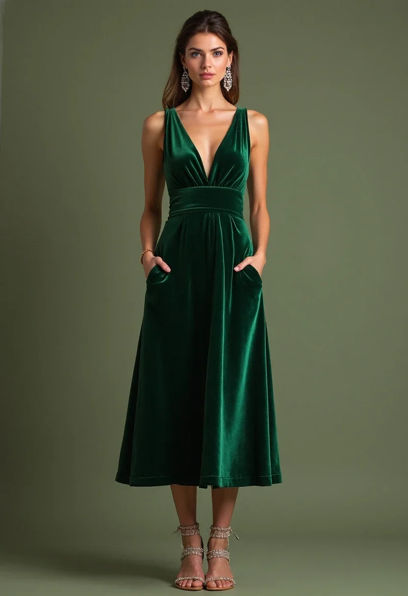 Woman in an emerald velvet midi dress with crystal earrings.