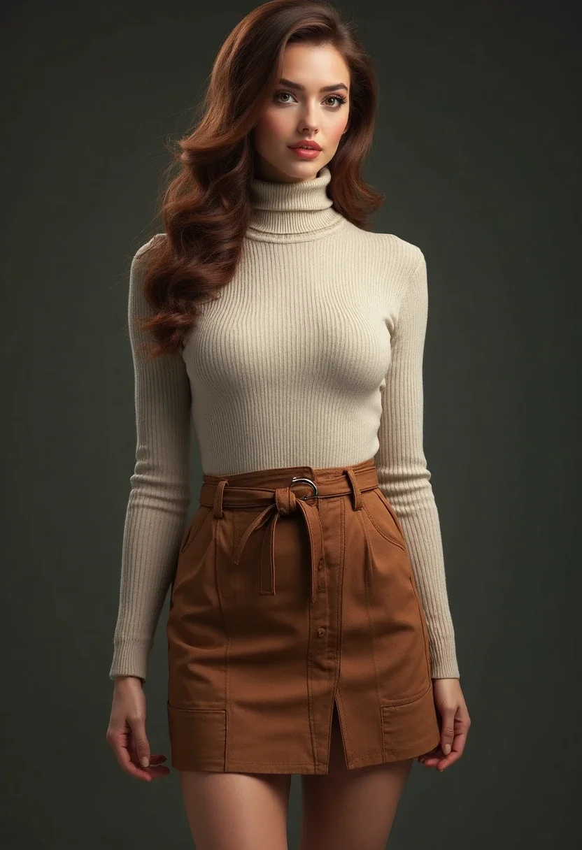 Woman in a turtleneck and high-waisted skirt.