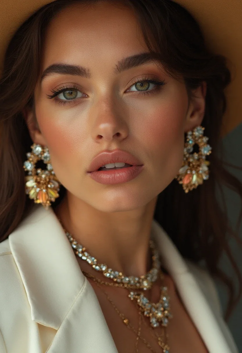 Woman with statement jewelry against a simple outfit.