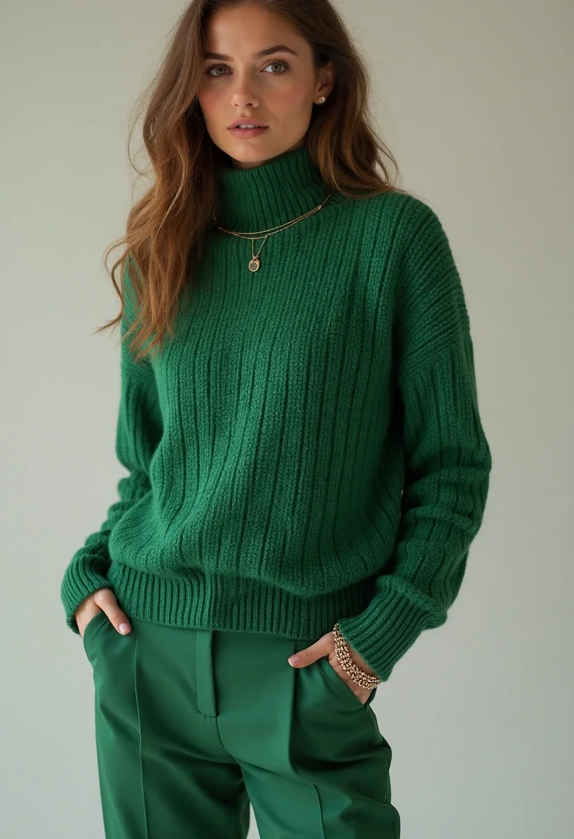 Woman in a green knit sweater and tailored trousers.