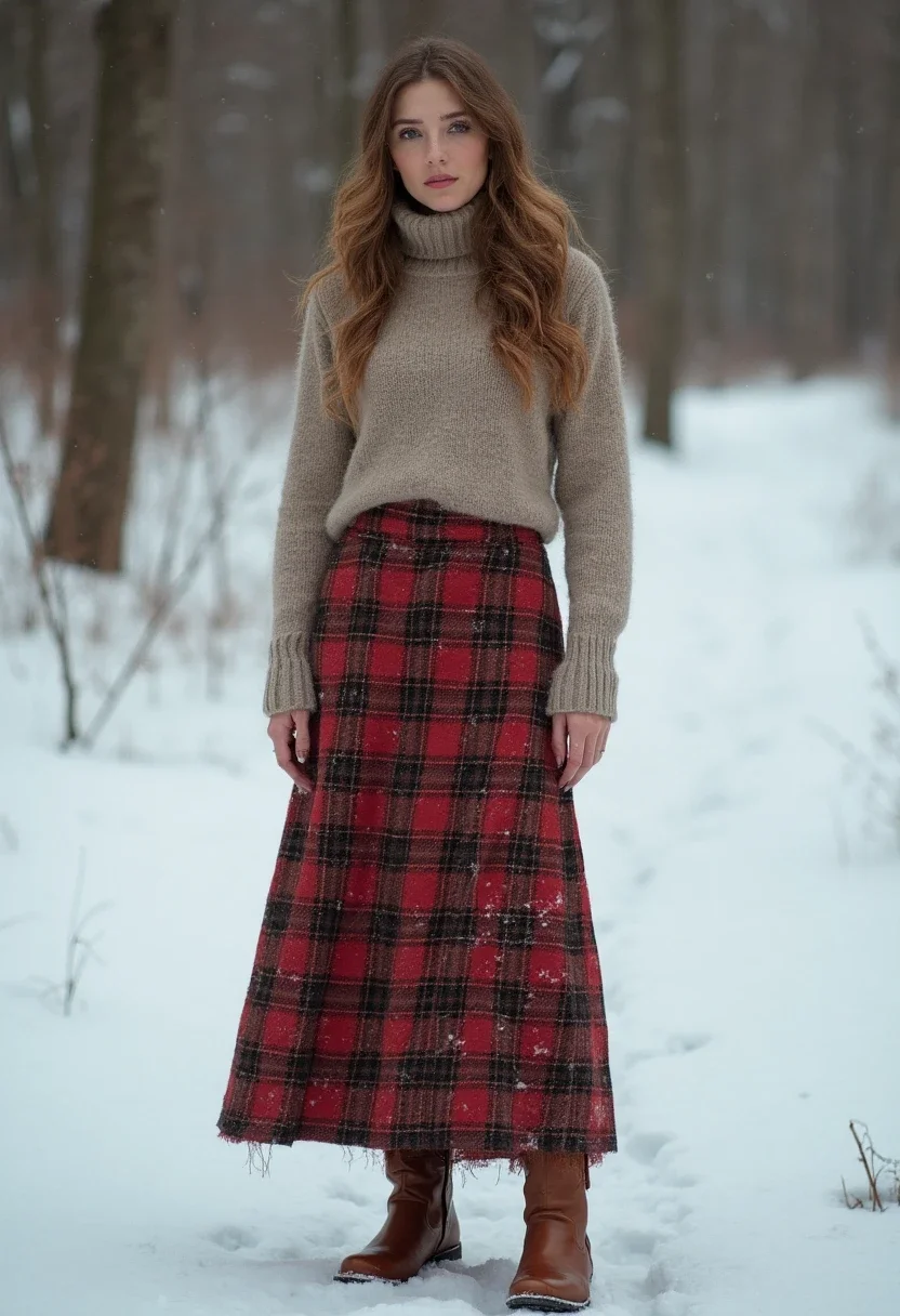 Woman in a plaid skirt and solid top with ankle boots.