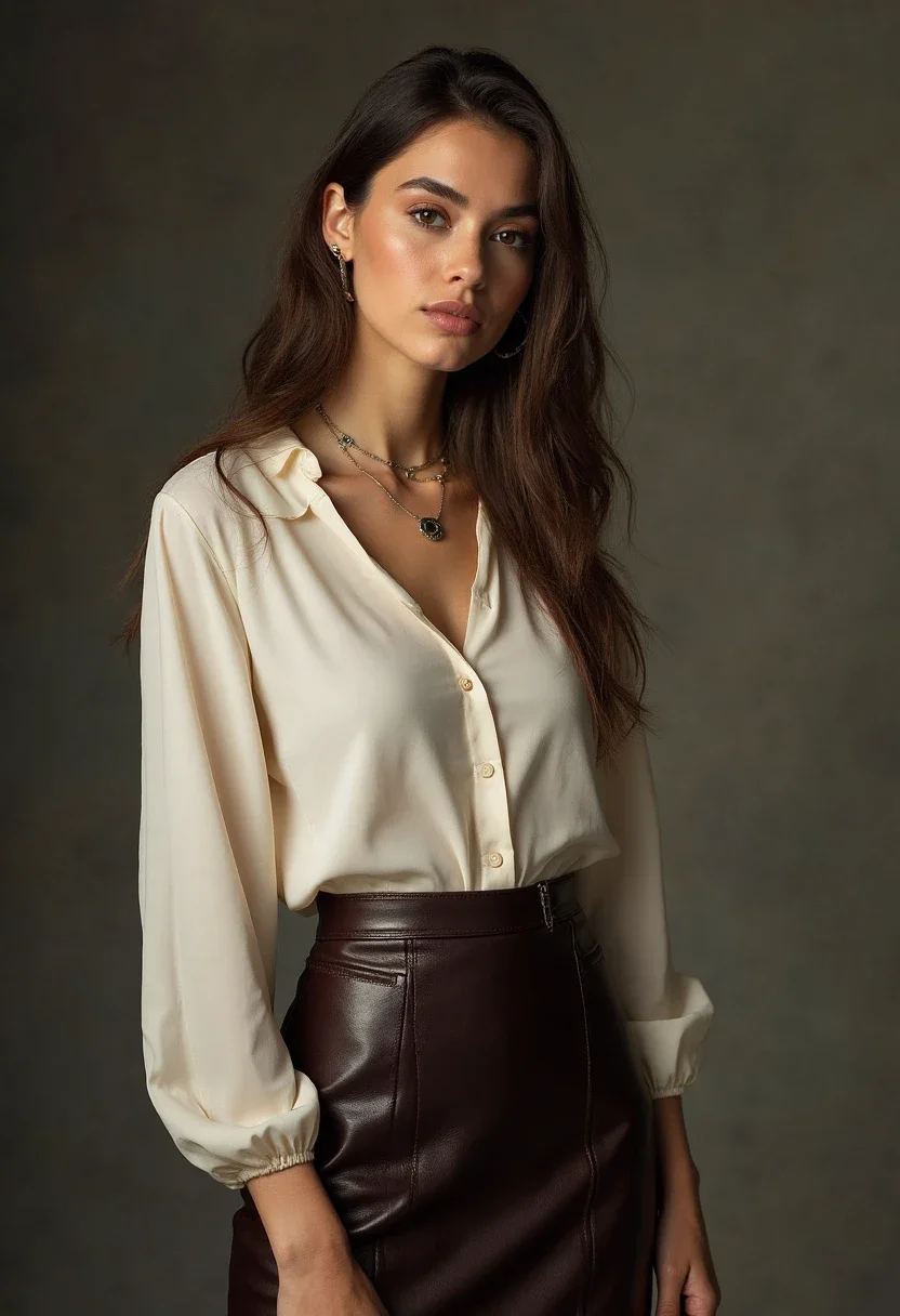 Woman in a leather skirt with a silk blouse.