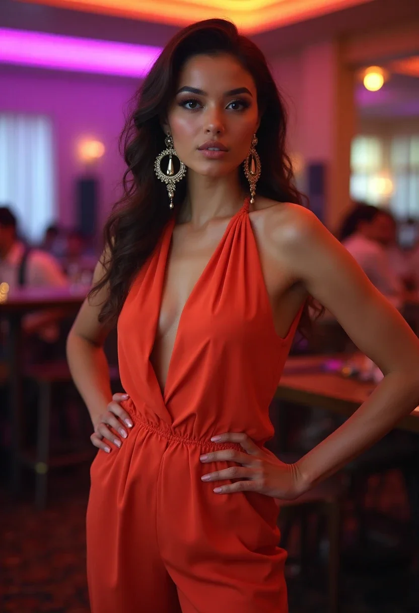 Woman in a bold-colored jumpsuit with statement earrings.