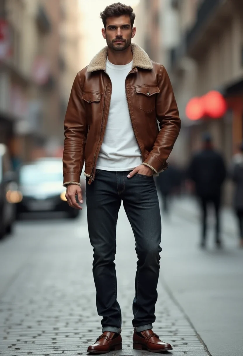 Person in brown leather jacket and white shirt with dark jeans.