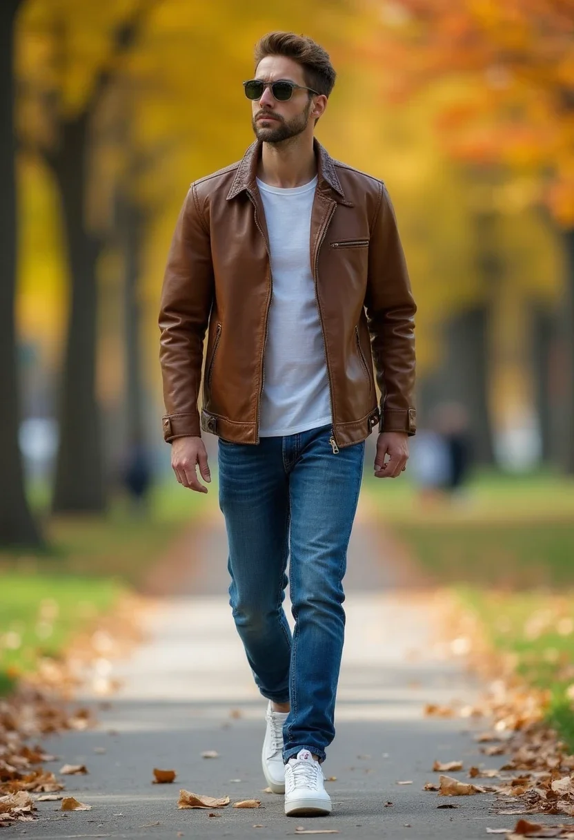 Casual outfit with brown leather jacket and blue jeans.