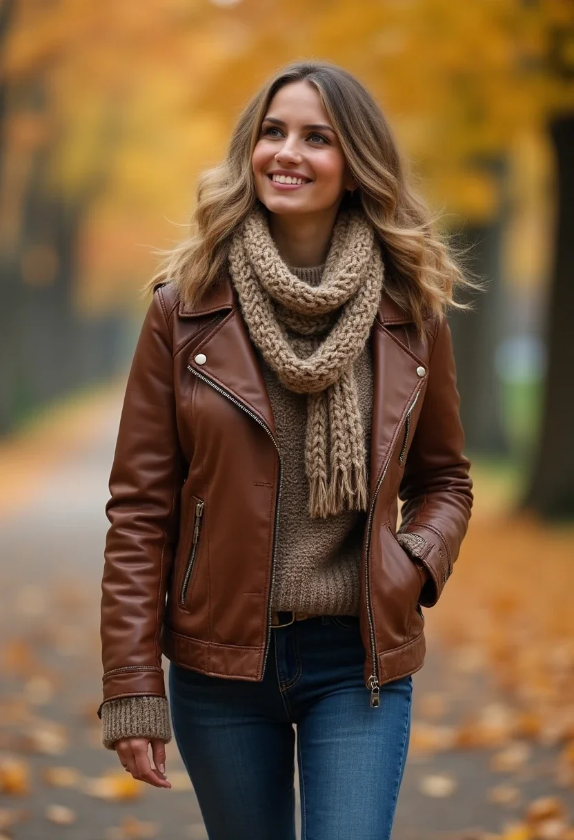 Seasonal outfit with brown leather jacket and knit scarf.