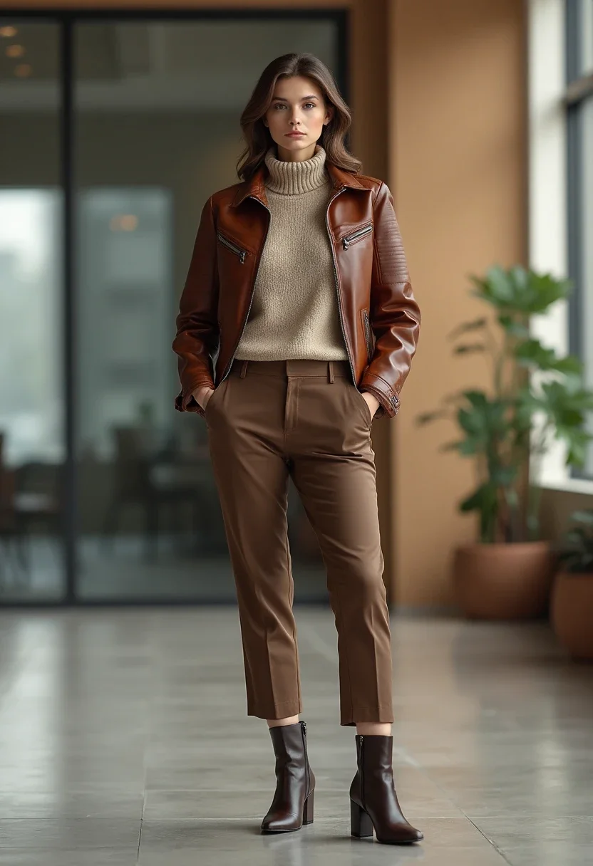 Sophisticated brown leather jacket over a turtleneck.