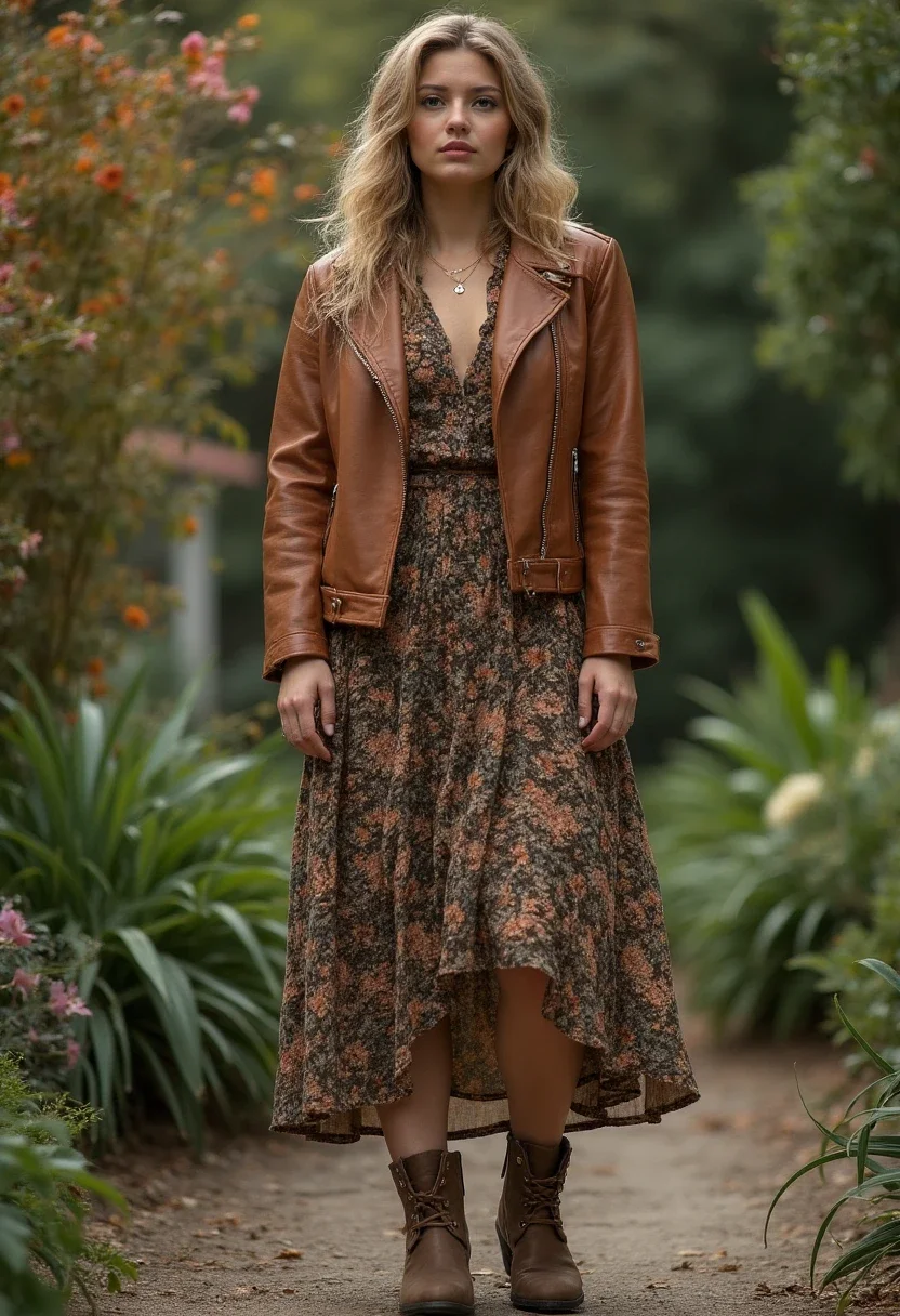Brown leather jacket over a floral dress for an elegant look.