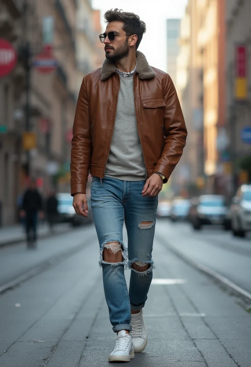 Casual weekend look with brown leather jacket and sneakers.