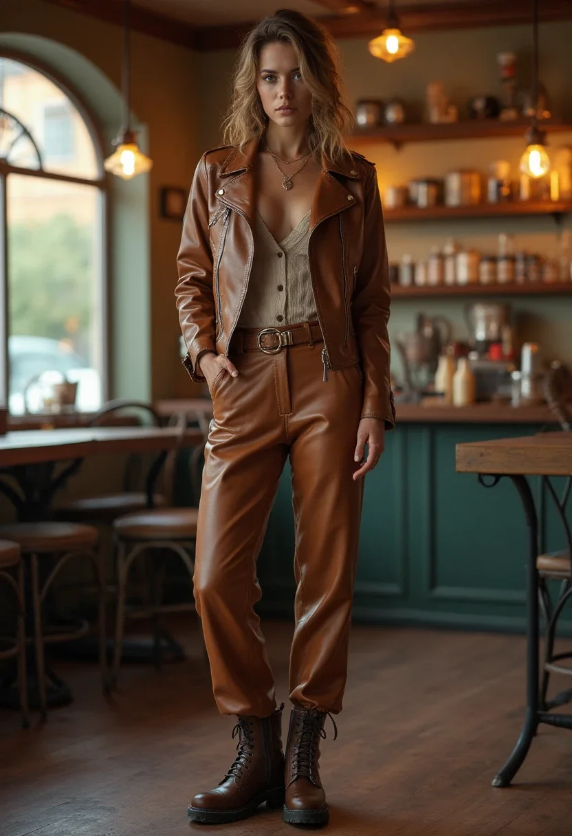 Vintage-inspired outfit with brown leather jacket and high-waisted trousers.