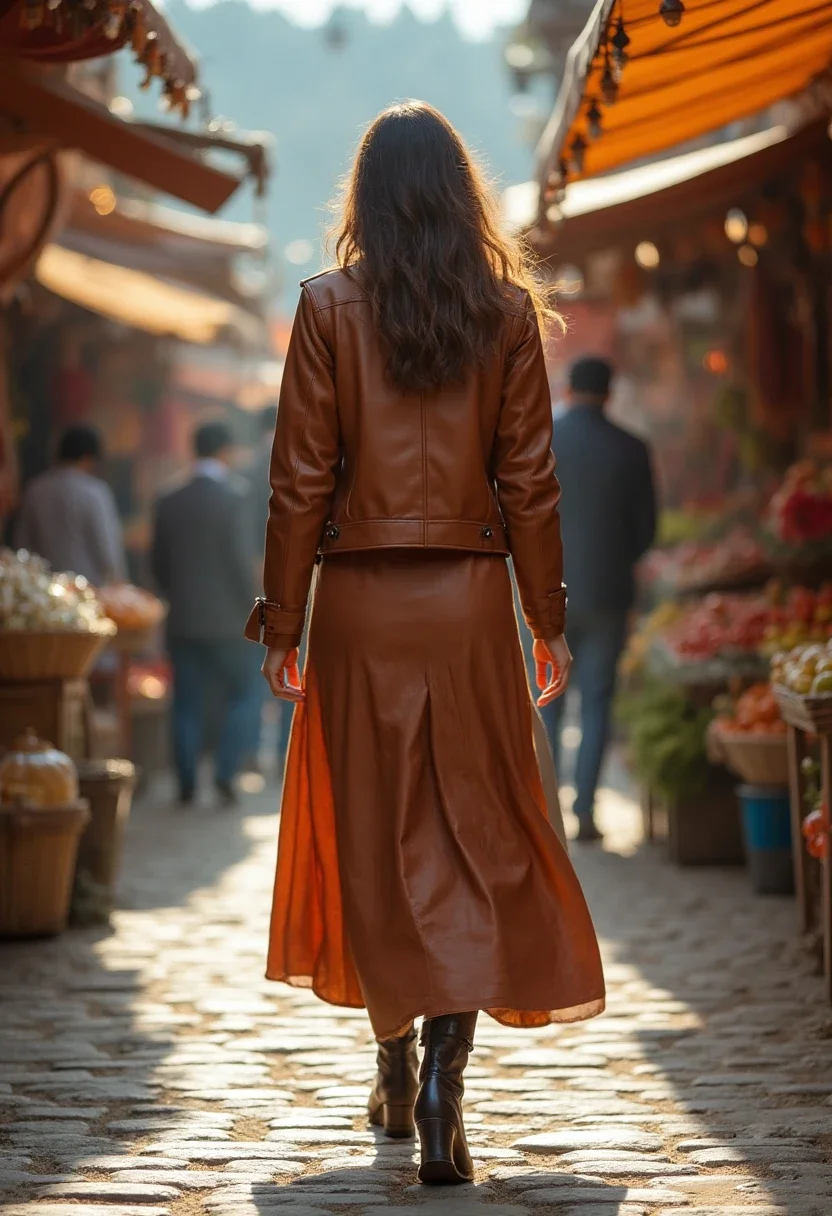Boho style outfit with brown leather jacket and maxi skirt.