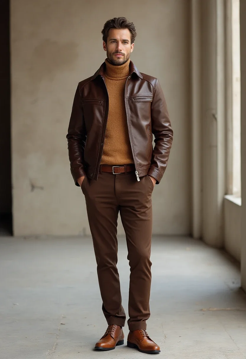 Monochrome brown outfit with brown leather jacket.