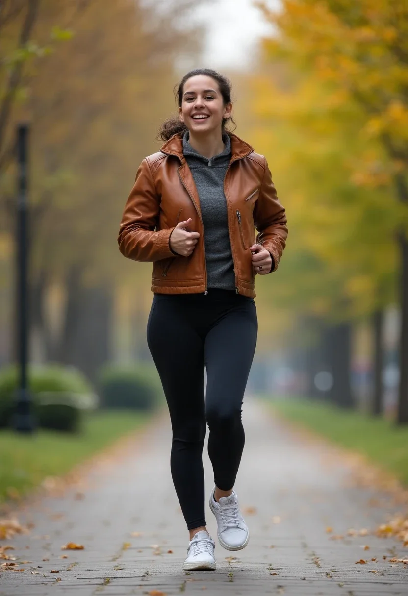 Sporty outfit with brown leather jacket and joggers.