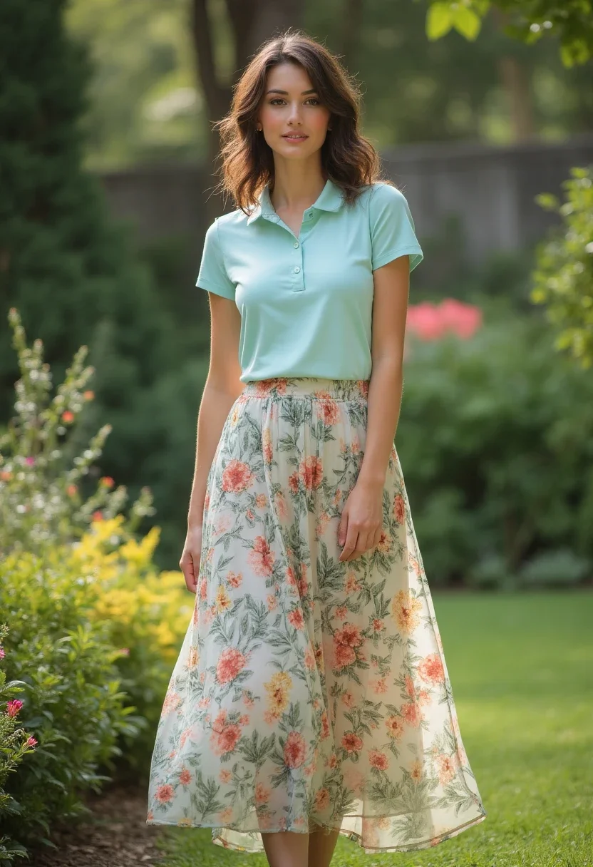 Woman wearing a polo with a floral maxi skirt in a garden setting.